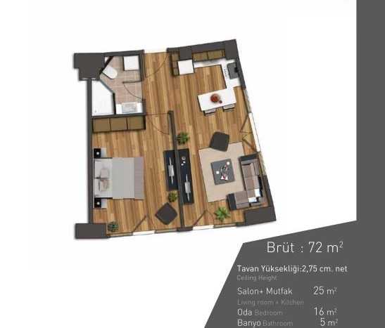 Asian Istanbul Sea View Apartments - Sample 1 bedroom floor plan